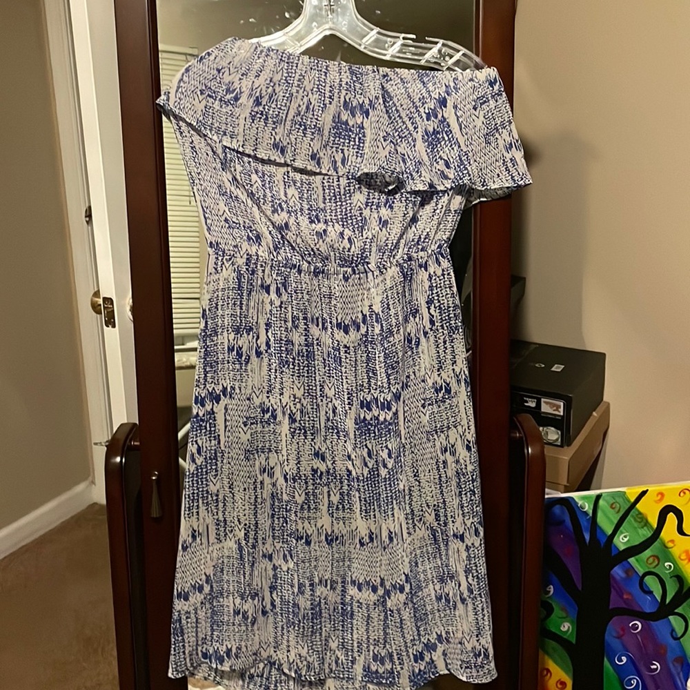 Blue and cream strapless sheer dress with slip attached